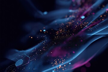 Leinwandbilder - Vibrant Abstract Background with Dynamic Light Waves Sparkling Particles and Geometric Elements in Deep Dark Blue and Pink Tones