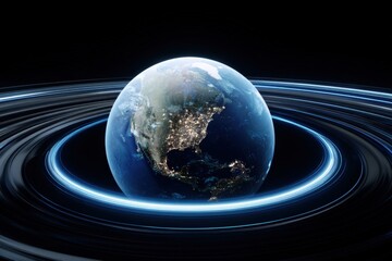 Poster - Highly detailed digital illustration of Earth from space showcasing illuminated continents and glowing orbital s surrounding the planet