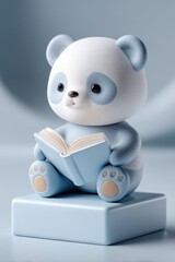 Poster - Adorable cute panda bear figurine reading a small open book with a soft focused background and realistic textured design in gentle blue tones