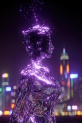 Poster - Futuristic Neon Light Female Portrait with Glowing Digital Head and Body in a Cityscape at Night with Bright Tall Skyscrapers