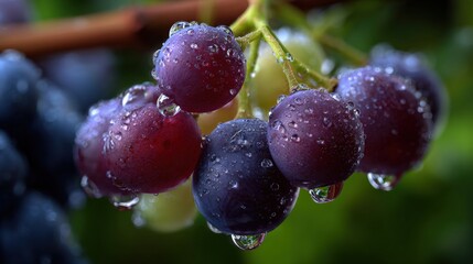 Poster - Close-up of fresh ripe dark purple and red grapes hanging on vine with water droplets in natural sunlight, detailed macro shot for healthy fruit and harvest themes