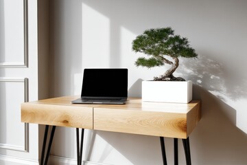 Poster - Modern minimalist workspace with a sleek black laptop and a small bonsai tree in a white rectangular pot on a light wooden desk in a bright well-lit room with natural sunlight