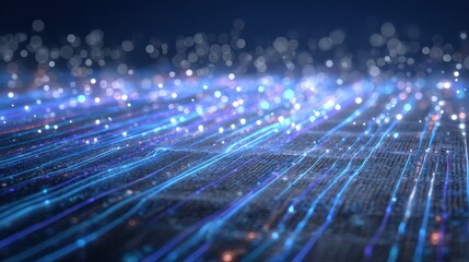 Aufkleber - Futuristic digital data stream with glowing light points and vibrant wave lines on dark background representing technology and connectivity
