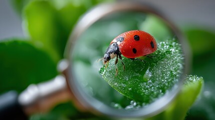Poster - Close-up of a vibrant red ladybug with black spots on a green leaf viewed through a magnifying glass, showing detailed insect textures and natural plant environment