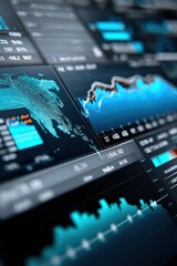 Poster - Modern digital financial trading screen with global maps and dynamic stock graphs displaying market data in a high-tech financial environment