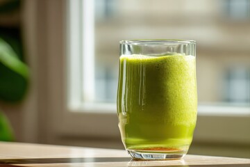 Poster - Refreshing Green Vegetable Juice in Clear Glass Near Bright Window and Indoor Plants for Healthy Drink Concept