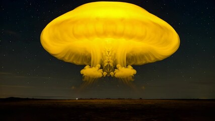 Wall Mural - Golden Mushroom Cloud Illuminates the Dark Night Sky over the Plain Landscape Under Starry Sky Radiation Glow