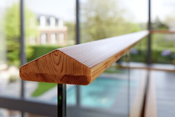 Aufkleber - Close-up of a polished wooden handrail with textured surface and curved edge inside a modern building overlooking an outdoor pool area with glass and greenery