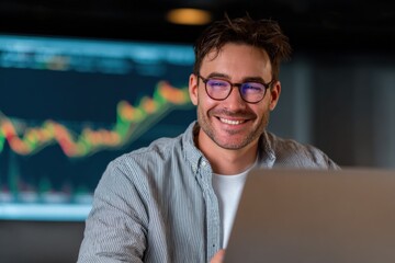 Poster - Smiling young man with glasses working on a laptop in a financial office environment with stock market charts on screen behind him