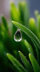 Poster - Close-up of fresh green grass blades with glistening dew drops in early morning sunlight showcasing nature's delicate beauty