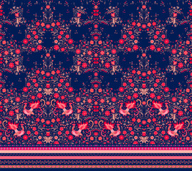 Wall Mural - Seamless fabric print in ethnic style. Beautiful animal pattern with fabulous red peacocks among twigs, leaves, berries and flowers on a deep blue background. Decorative horizontal border.