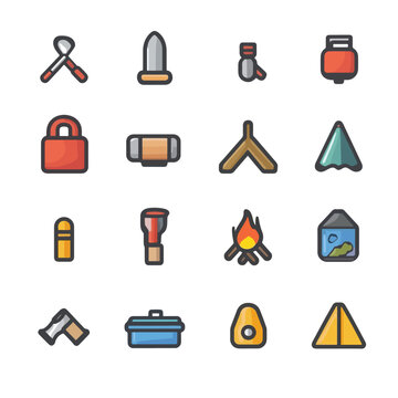 2D Flat icon Camping & Outdoor Equipment Icons isolated in White Background