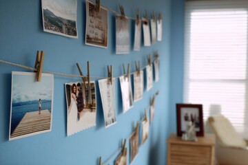 Poster - Bright Blue Wall with Multiple Photos Hanging on Twine Using Clothespins for Wall Decor and Personal Photo Display in Living Room