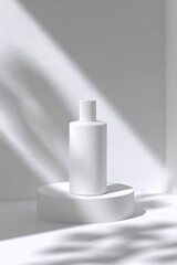 Poster - Minimalist White Bottle on Circular Platform with Shadow and Light Effect, Contemporary Modern Design for Skincare or Cosmetic Product Display