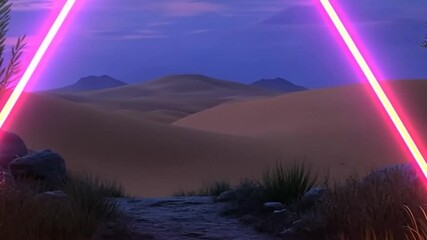 Wall Mural - dramatic desert landscape illuminated by pink neon triangle with rolling sand dunes under a twilight