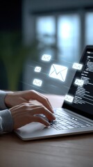 Poster - Modern workspace with a person typing on a laptop computer sending and receiving digital email messages with glowing email icons and screens