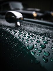 Aufkleber - Close-up of water droplets on a wet car surface with a blurred black vehicle in background, detailed reflection and shiny texture, outdoors
