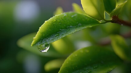 Aufkleber - Vibrant green leaf with water droplets on surface close up natural fresh plant detail background