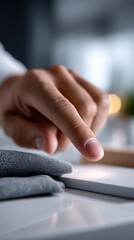 Poster - Close-up of a person's hand interacting with a touchscreen device in a modern office setting with blurred background and natural light