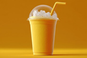 Poster - Refreshing cold yellow mango juice in a transparent cup with ice and a straw on a vibrant yellow background
