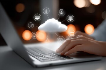 Aufkleber - Cloud computing technology concept with digital icons connecting to a laptop in a modern workspace environment illustrating data storage and internet connection
