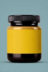 Poster - Minimalist yellow jar with black screw-on lid against solid teal background, empty container for cosmetics or food storage, clean design