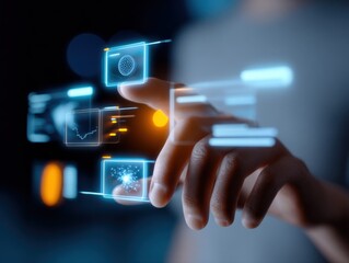 Aufkleber - Futuristic Human Hand Interacting with High Tech Touchscreen Interface with Graphs Data and Digital Icons in a Sci Fi Environment
