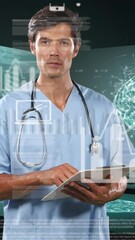 Poster - Animation of data processing and globe over male doctor using tablet