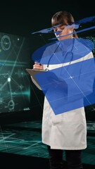 Poster - Animation of data processing and globe over man using smartphone