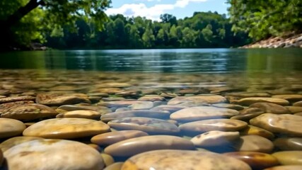 Wall Mural - close-up view of riverbed stones with clear water and blurred background of trees and sky creating a