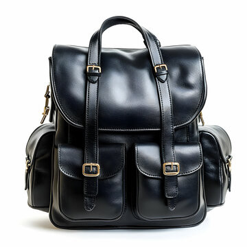 An elegant black leather backpack with multiple pockets, isolated on a clean white background for stylish travel