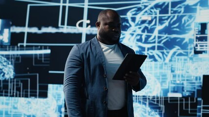 Poster - Young black technician reviewing AI data visualization and neural networks platforms, smart technology cyberspace systems. Studies machine learning, cloud computing and algorithms Camera B.