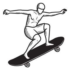 Poster - Black and white line art illustration of a skateboarder in motion balancing on board