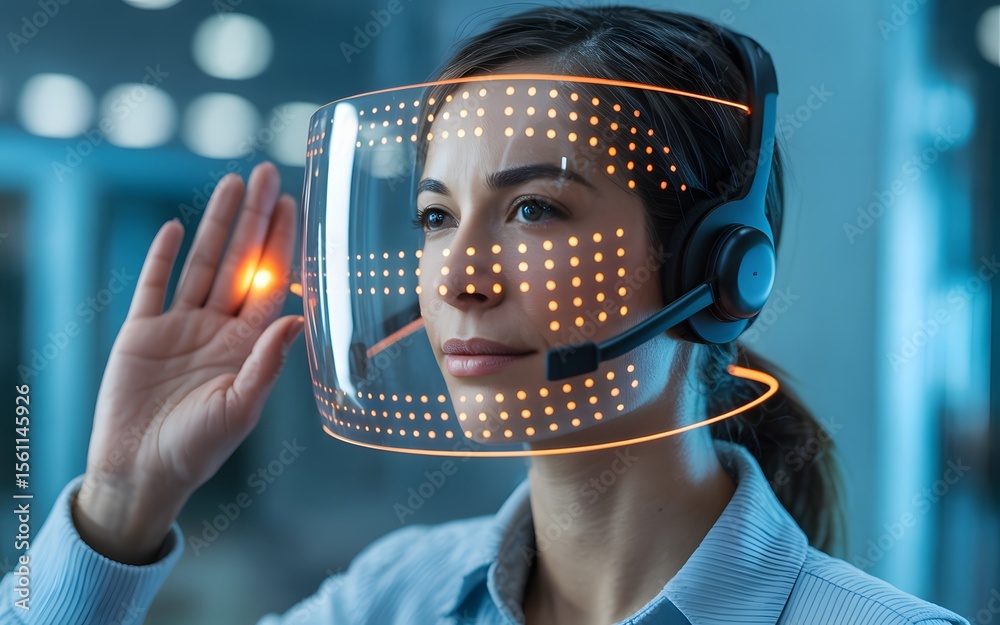 Futuristic woman wearing augmented reality visor technology in a modern ...