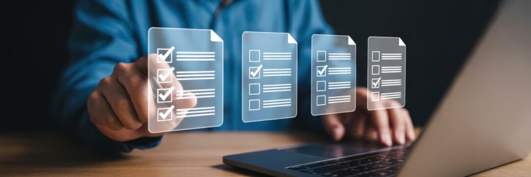 Person selecting checklist items on a digital interface.