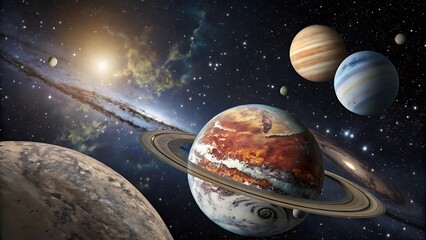 a vibrant depiction of multiple planets and celestial bodies in a vast and starry cosmic environment