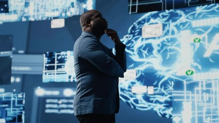 Poster - African American businessman studying digital AI brain interface, symbolizing neural networks, data science and algorithmic thinking. Cybernetics for a high tech futuristic innovation. Camera B.