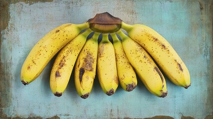 Poster - Bunch of seven ripe bananas on rustic tabletop indoors
