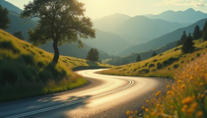 Aufkleber - Serene road through lush trees in mountainous region during daytime