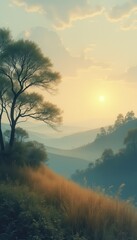 Poster - Serene sunset over hills and grass with a lone tree