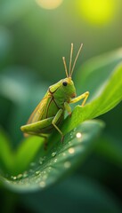 Poster - Grasshopper resting on dew-covered leaf in serene garden