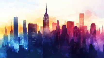 Poster - Cityscape at sunset with colorful buildings in urban environment