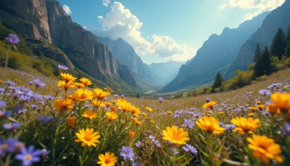 Aufkleber - Blooming yellow and purple wildflowers in mountain valley