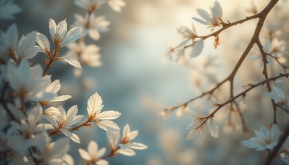 Poster - Blooming white flowers on branches in serene spring garden