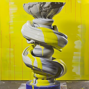 Abstract sculpture with swirling paint against vibrant yellow background display