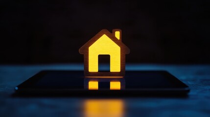Poster - Illuminated house icon on tablet in dark indoor setting