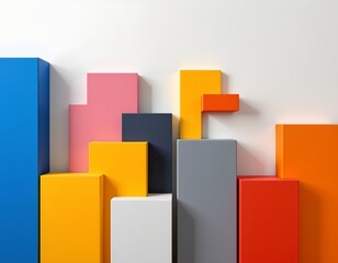 Poster - the image features a collection of colorful geometric blocks, these blocks vary in size and shape, creating an abstract arrangement against a plain white background