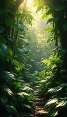 Poster - Lush forest path surrounded by vibrant vegetation in daylight