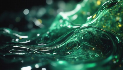 Poster - Flowing green liquid with gold flecks on dark background