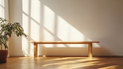 Poster - Wooden bench with plant in serene indoor setting